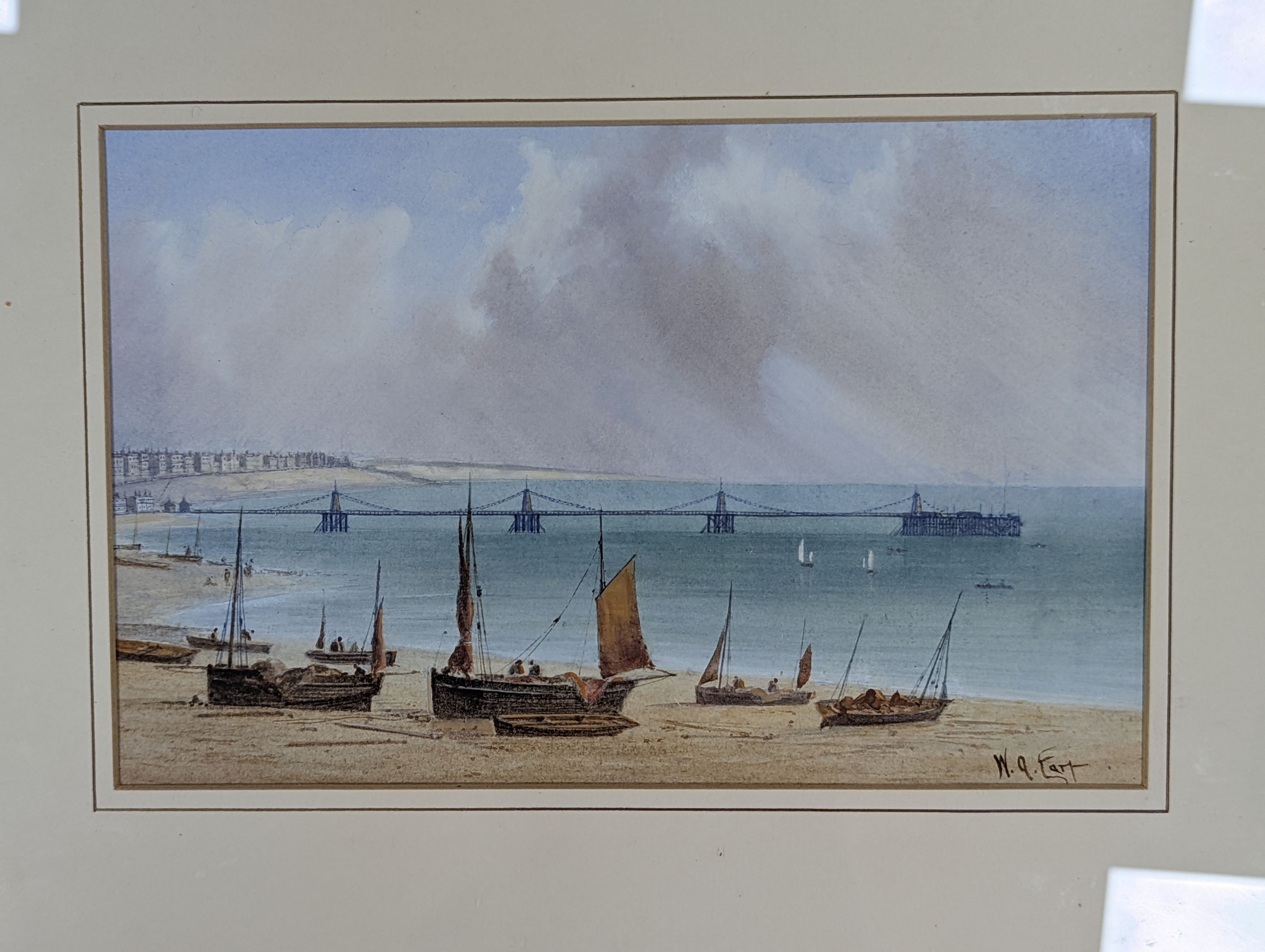 William Henry Earp (1831-1914), watercolour, View of the Brighton Chain Pier, signed, 16 x 25cm and and an Henry George Hine (1811-1895), sketch of fishing boats at Brighton, numbered 'HS Hine to Sam Cheesman (Brighton T